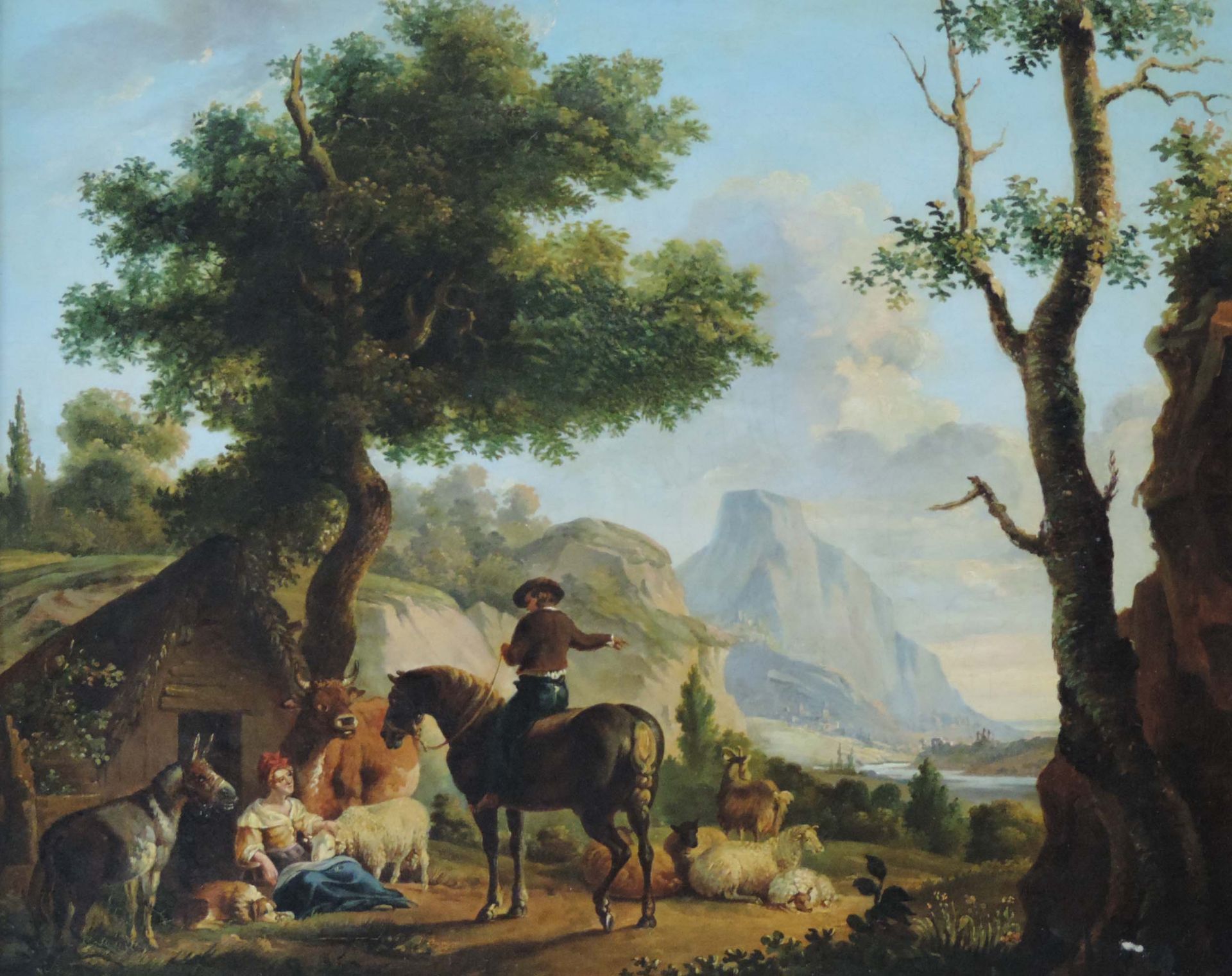 Niederländische Schule (XIX). Hirtin im Gespräch mit einem Reiter  1827.49 cm x 60 cm. Gemälde, Öl