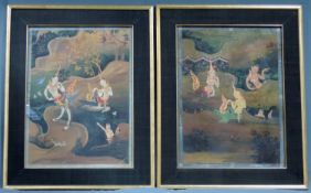 2 Gemälde aus Thailand.Je 62 cm x 46 cm im Ausschnitt. Gouache und Gold.2 Paintings Gouache and gold