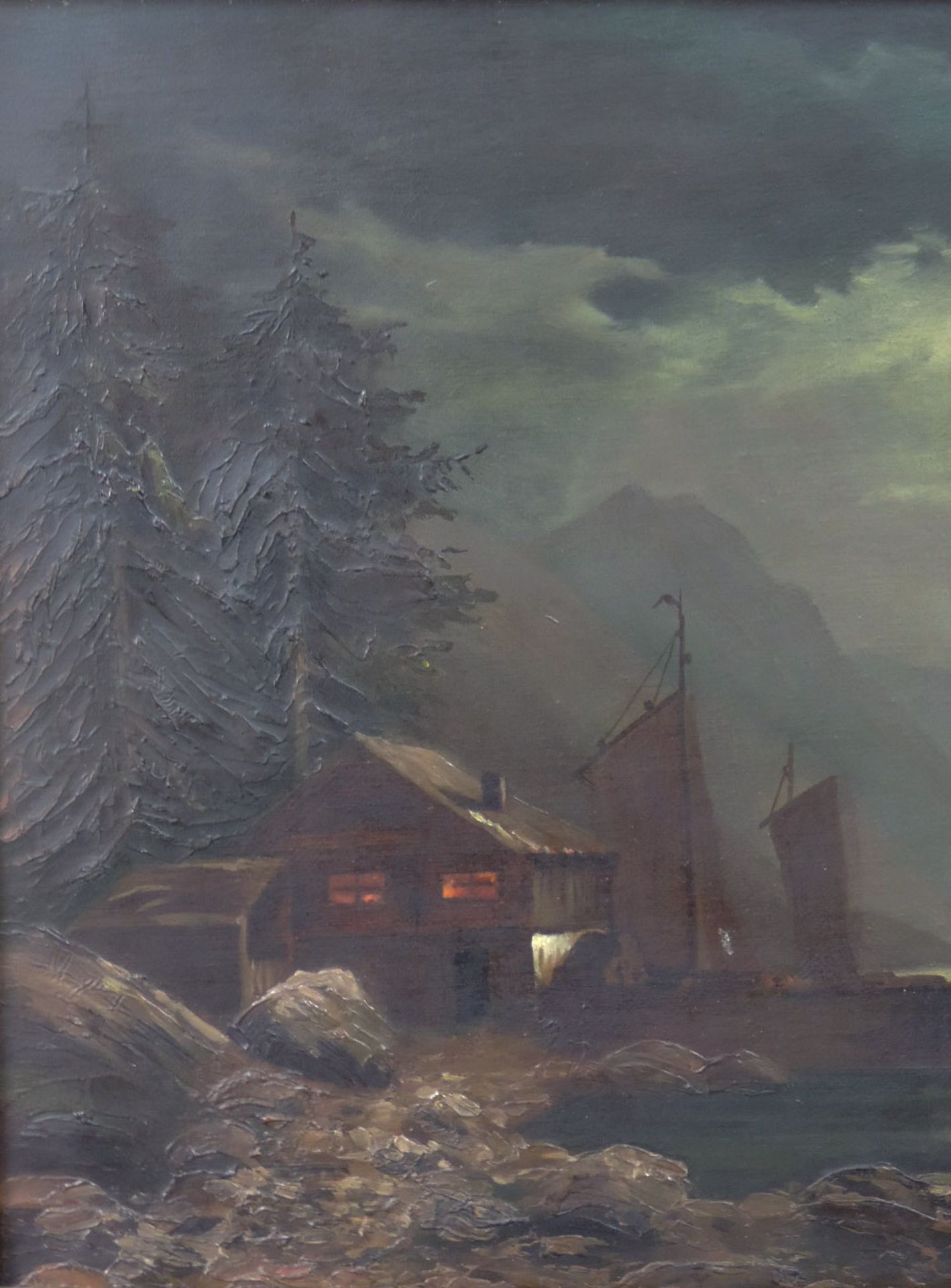 Carl BERTOLD (1870 -?). Nocturno. Mond über Bootsanleger am Waldhaus.30 cm x 43 cm. Gemälde, Öl - Image 3 of 7