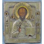 Ikone, Heiliger Nikolaus.35,5 cm x 31 cm. Gemälde, Tempera auf Holz, mit Metalloklad.Icon, Saint