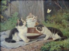 Benno KÖGL (1892 - 1973). Zitronenfalter ärgert 3 Kätzchen.18 cm x 24 cm. Gemälde, Öl auf Holz.