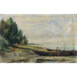 Impressionist (XIX - XX). Uferszene mit Fischer unter wolkenverhangenem Himmel.35 cm x 55 cm.