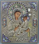 Ikone, Maria mit Jesuskind.32 cm x 28 cm. Gemälde, Tempera, vermutlich auf Holz, mit Metalloklad,
