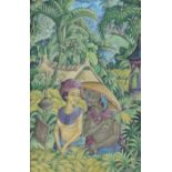 Eine alte und eine junge Frau bei der Getreideernte. Wohl Tahiti.59 cm x 38,5 cm. Gemälde auf