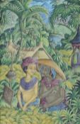 Eine alte und eine junge Frau bei der Getreideernte. Wohl Tahiti.59 cm x 38,5 cm. Gemälde auf