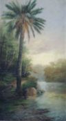 Theodor OHLSEN (1855 - 1909). Exotische Flusslandschaft mit Palme.83 cm x 46,5 cm. Gemälde, Öl auf
