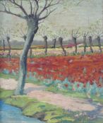 Expressionist (XX). Mohnfeld mit Platanen am Fluss. Frühes 20. Jahrhundert.38 cm x 32 cm. Gemälde,