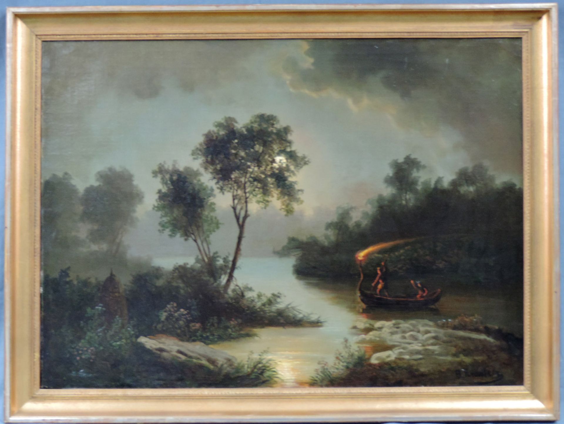 B. KREUTZER (XIX). Nächtliche Bootsfahrt.47 cm x 66 cm. Gemälde, Öl auf Leinwand. Unten rechts - Bild 2 aus 7