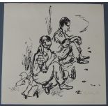 Undeutlich signiert. Zwei rauchende Arbeiter, 1972.41 cm x 41 cm. Grafik. Signiert und datiert.Print