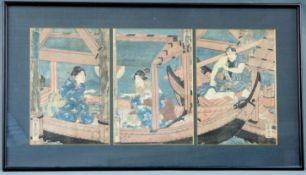 Triptychon. Drei Farbholzschnitte, Hafenszene, Japan.Je 35 cm x 24 cm jeder Ausschnitt.