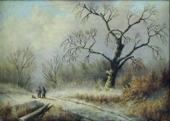 Niederlande (XIX). Zwei Passanten mit Bobtail in Winterlandschaft.24 cm x 34 cm. Gemälde, Öl auf