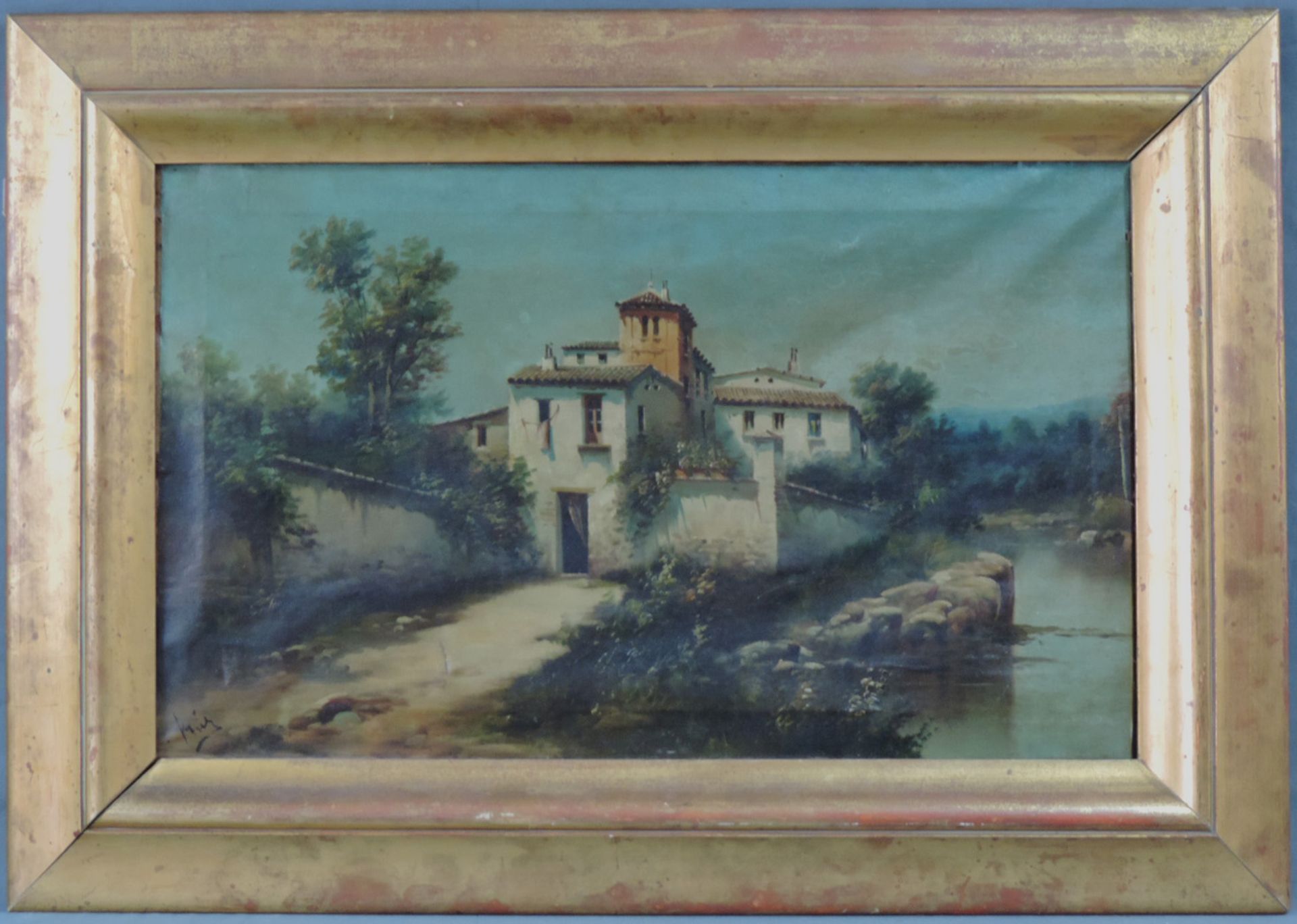 Italienische Schule (XIX). Landgut am Fluss.39 cm x 64 cm. Gemälde, Öl auf Leinwand. Beschädigt. - Bild 6 aus 9