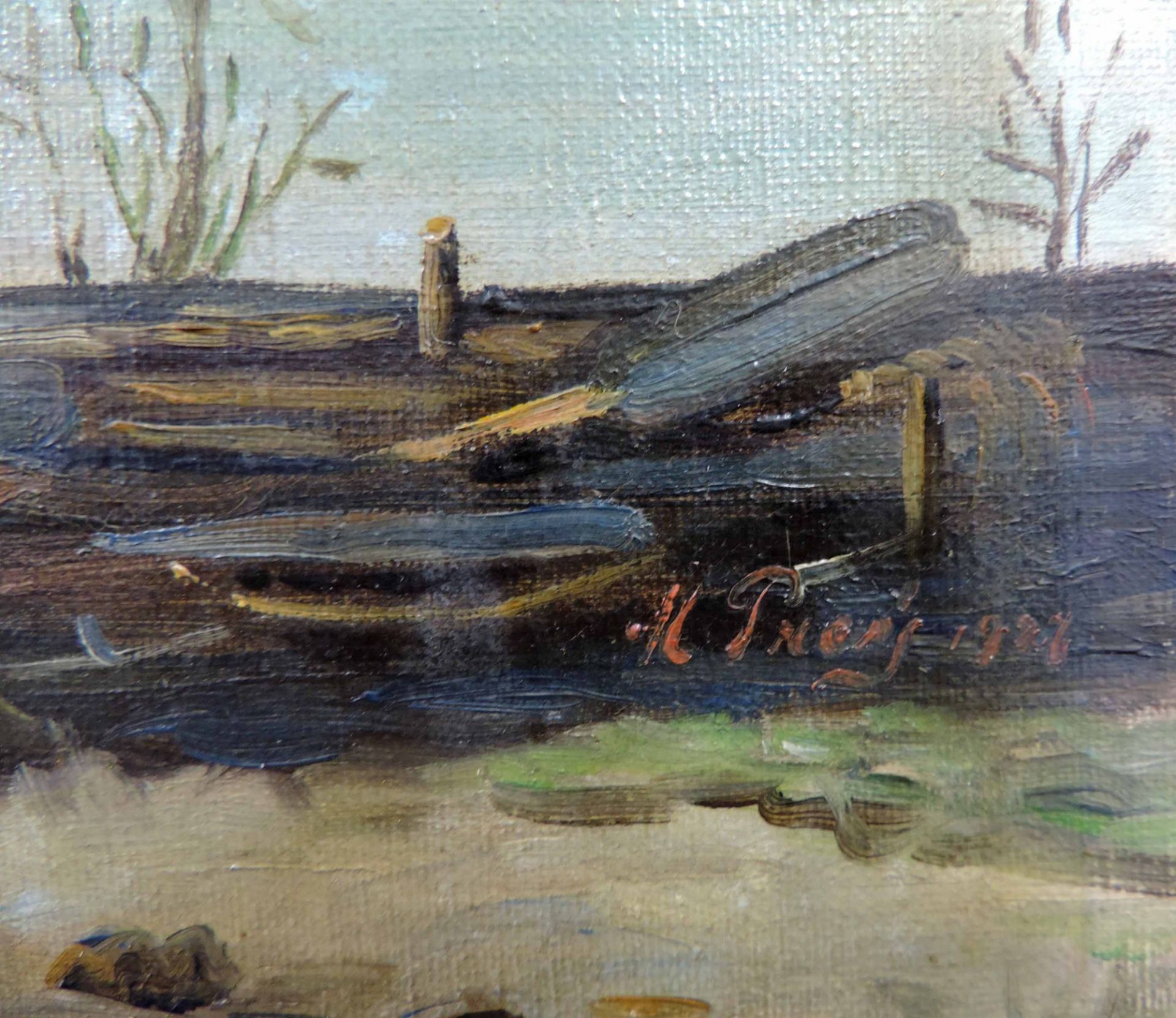 Impressionist (XIX - XX). Uferszene mit Fischer unter wolkenverhangenem Himmel.35 cm x 55 cm. - Bild 3 aus 5