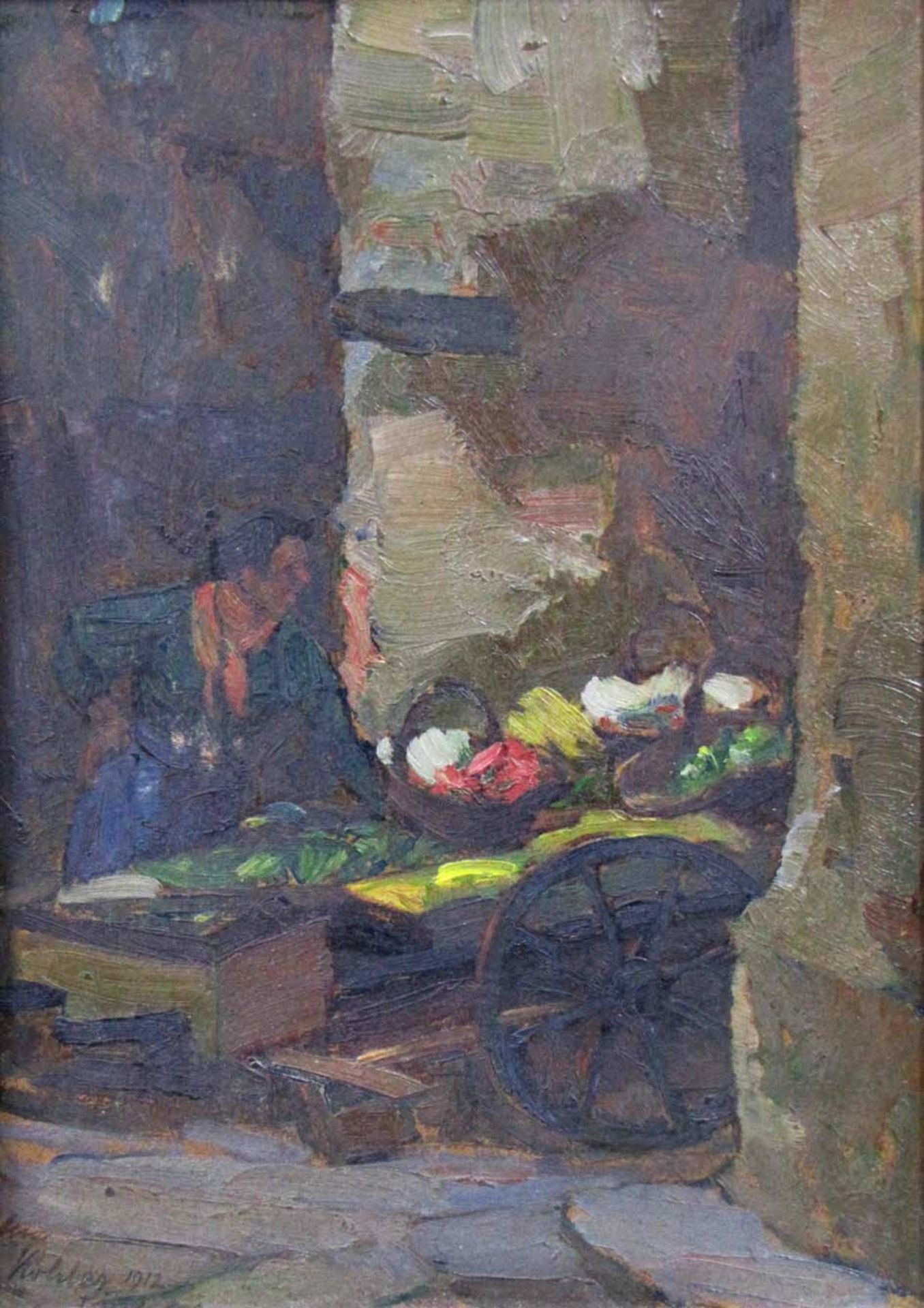 August KÖHLER (1881 - 1964). Marktweib mit Karren. Datiert 1912.29 cm x 21 cm. Gemälde, Öl auf