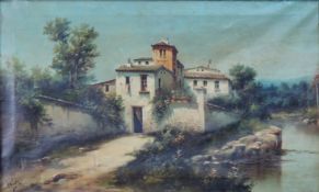 Italienische Schule (XIX). Landgut am Fluss.39 cm x 64 cm. Gemälde, Öl auf Leinwand. Beschädigt.