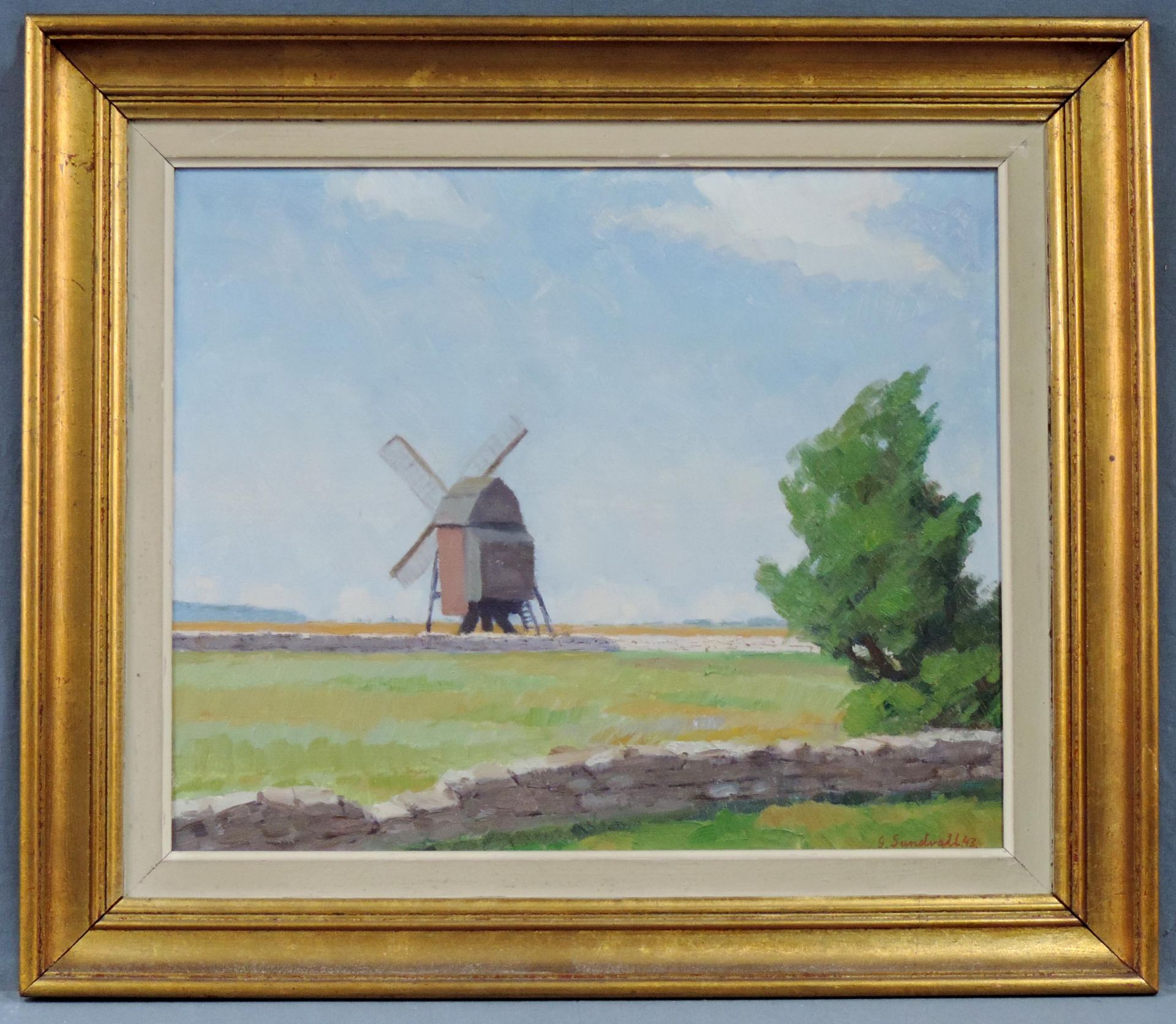 Gösta SUNDVALL (1900 - 1957). Landschaft mit Windmühle, 1943.38 cm x 46 cm. Gemälde, Öl auf