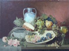 Erwin RAUSCH (*1920). Stillleben mit Früchten, Rosen, Wein und Vase.50 cm x 67 cm. Gemälde, Öl auf