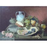 Erwin RAUSCH (*1920). Stillleben mit Früchten, Rosen, Wein und Vase.50 cm x 67 cm. Gemälde, Öl auf