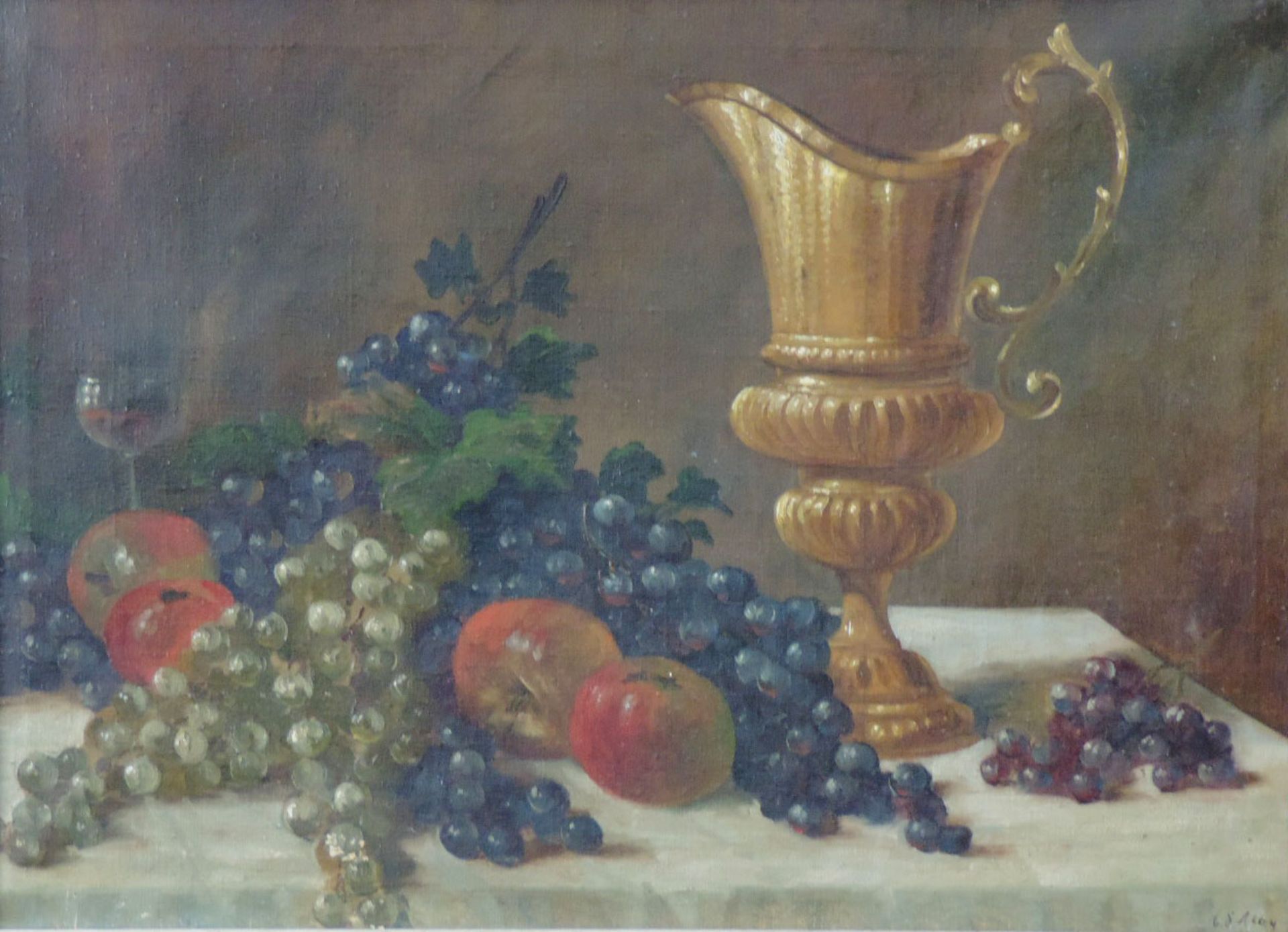 C. J. ALBY (XIX). Stillleben mit Krug, Trauben und Äpfeln.53 cm x 73 cm. Gemälde, Öl auf Leinwand.