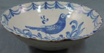 Fayence Platte. Mit Vögelchen, Blau Weiß. Wohl um 1800, Spanien oder Portugal.38,5 cm im