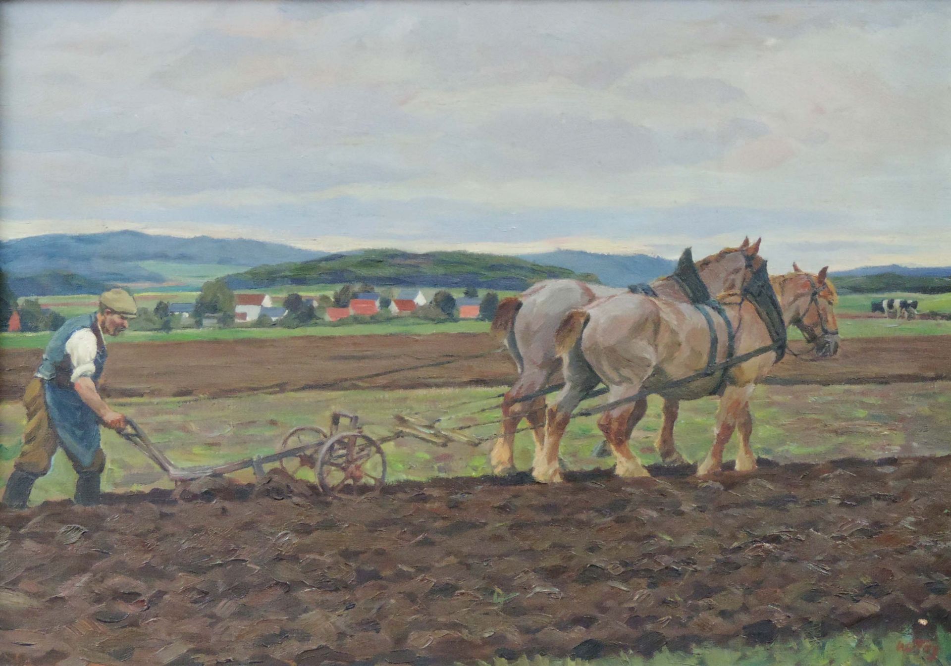 Willy TAG (1886 - 1980). Pflügender Bauer mit zwei Pferden.56 cm x 89 cm. Gemälde, Öl auf