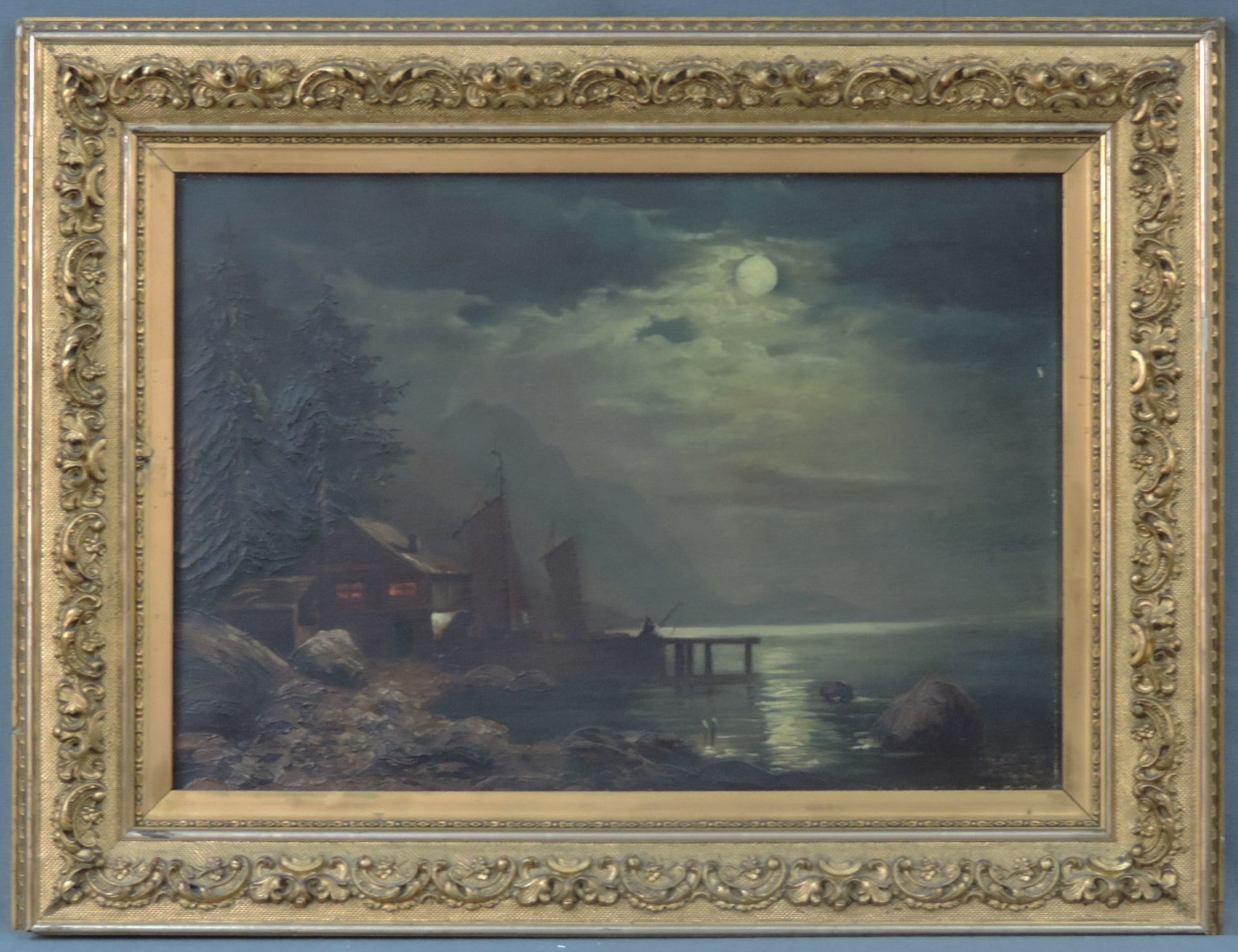 Carl BERTOLD (1870 -?). Nocturno. Mond über Bootsanleger am Waldhaus.30 cm x 43 cm. Gemälde, Öl - Image 2 of 7