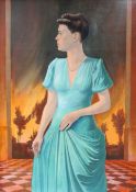 Adolf ODENTHAL (1913 - 1985). Feine Dame vor lodernder Landschaft 1946.140 cm x 100 cm. Gemälde,