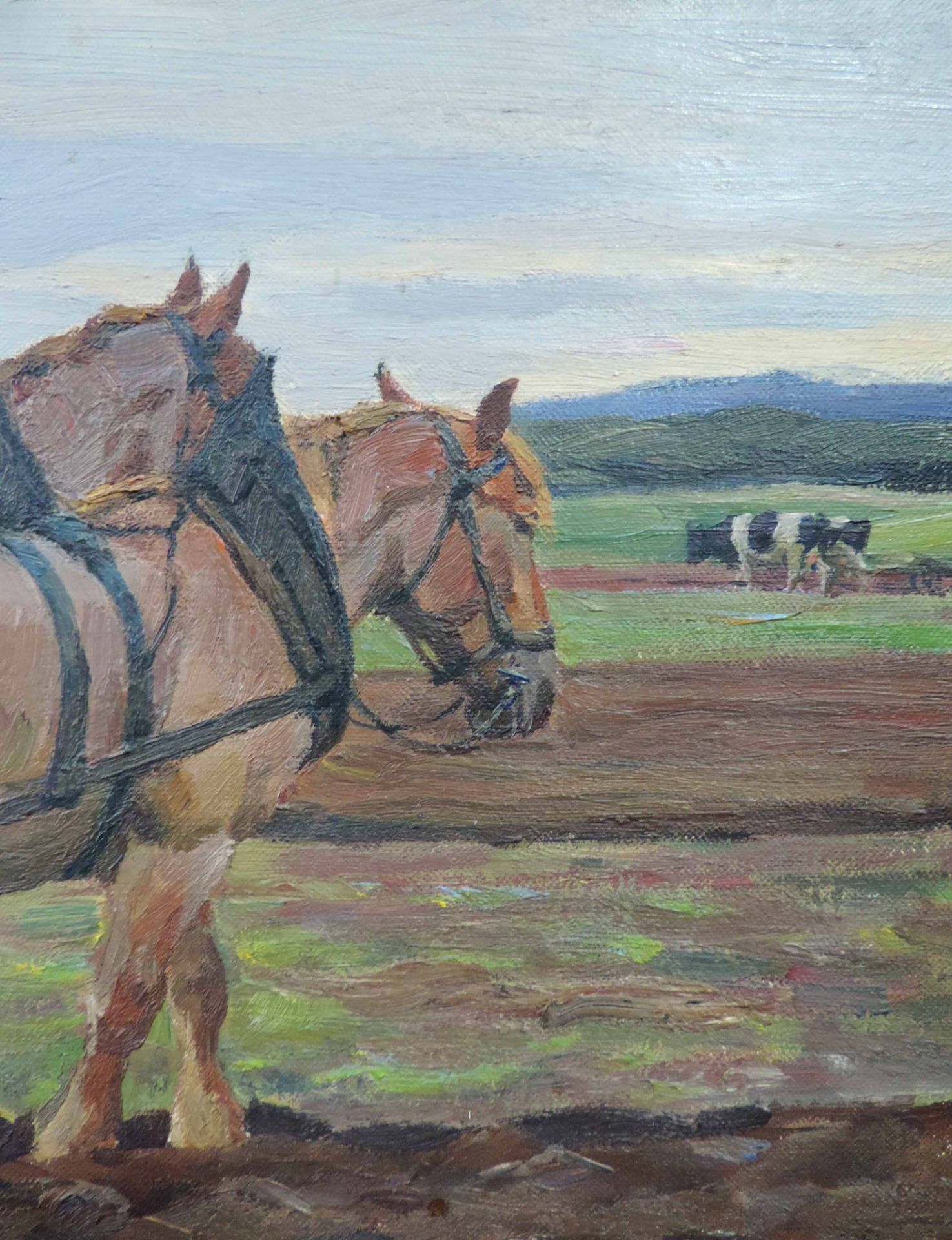 Willy TAG (1886 - 1980). Pflügender Bauer mit zwei Pferden.56 cm x 89 cm. Gemälde, Öl auf - Bild 4 aus 6