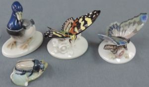 Rosenthal Porzellan. 2 Schmetterlinge, ein Erpel und ein Maikäfer.Bis 10 cm. Gelber Schmetterling