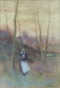 George OYSTON (1861 - 1937). Reisigsammlerin im Herbst.30 cm x 20,5 cm. Aquarell. Signiert und