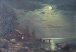 Carl BERTOLD (1870 -?). Nocturno. Mond über Bootsanleger am Waldhaus.30 cm x 43 cm. Gemälde, Öl