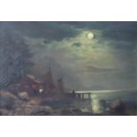 Carl BERTOLD (1870 -?). Nocturno. Mond über Bootsanleger am Waldhaus.30 cm x 43 cm. Gemälde, Öl