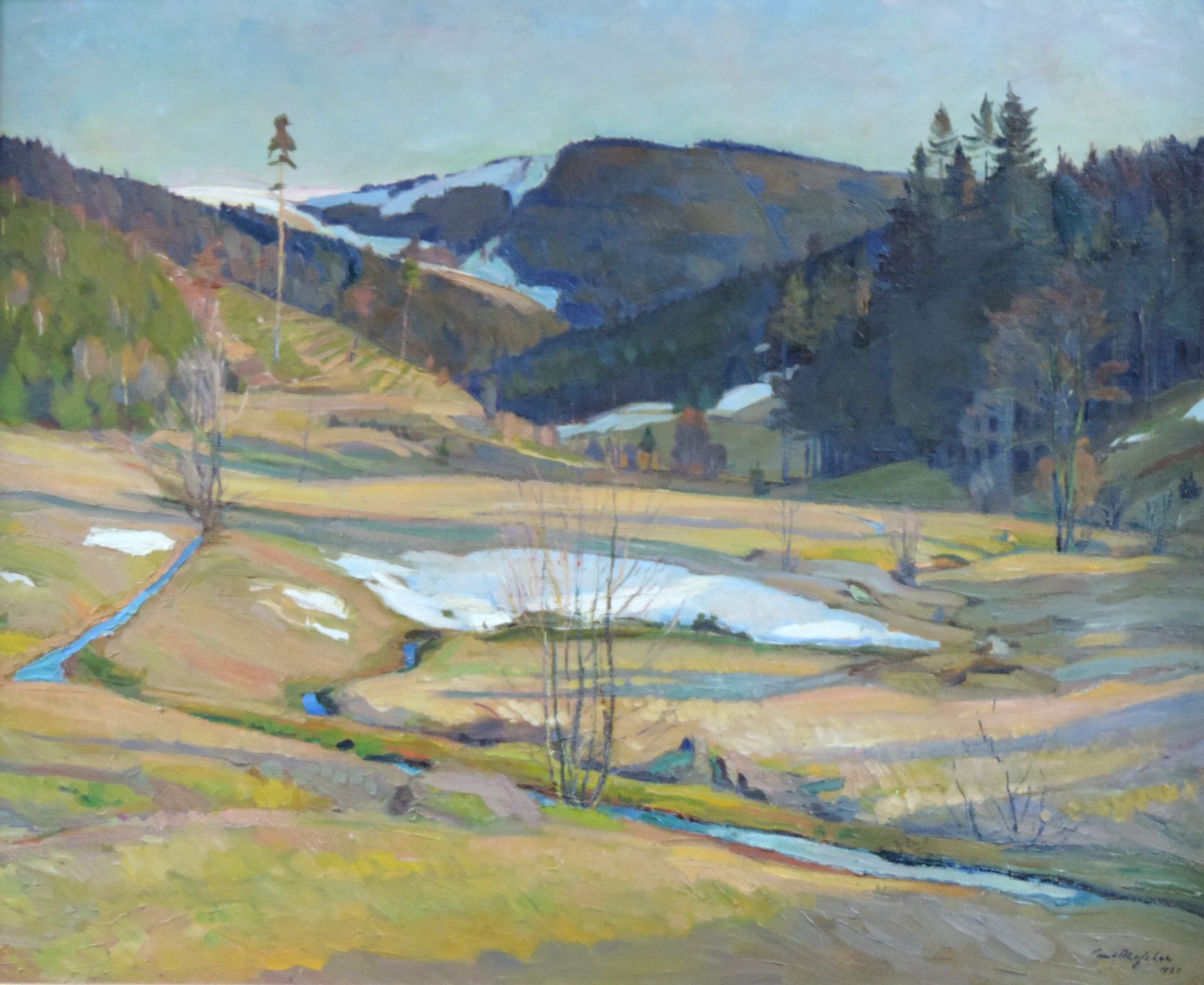 Undeutlich signiert (XX). Frühling im Gebirge, Quellgebiet. Expressionist, 1927.78 cm x 95 cm.