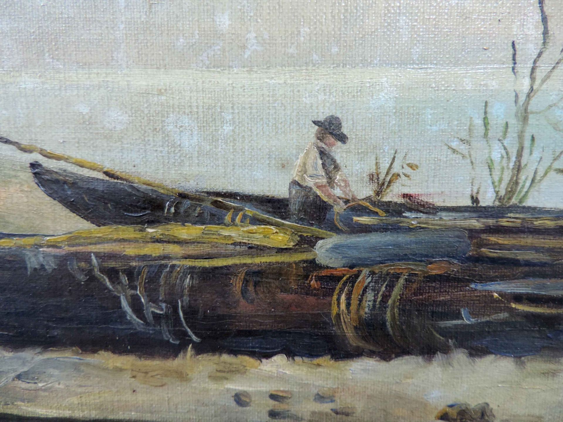 Impressionist (XIX - XX). Uferszene mit Fischer unter wolkenverhangenem Himmel.35 cm x 55 cm. - Bild 2 aus 5