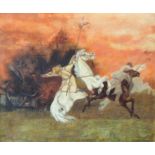 MADURA (XIX). Zentralasiatische Reiter im Gefecht.49 cm x 59 cm. Gemälde, Öl auf Leinwand. Rechts