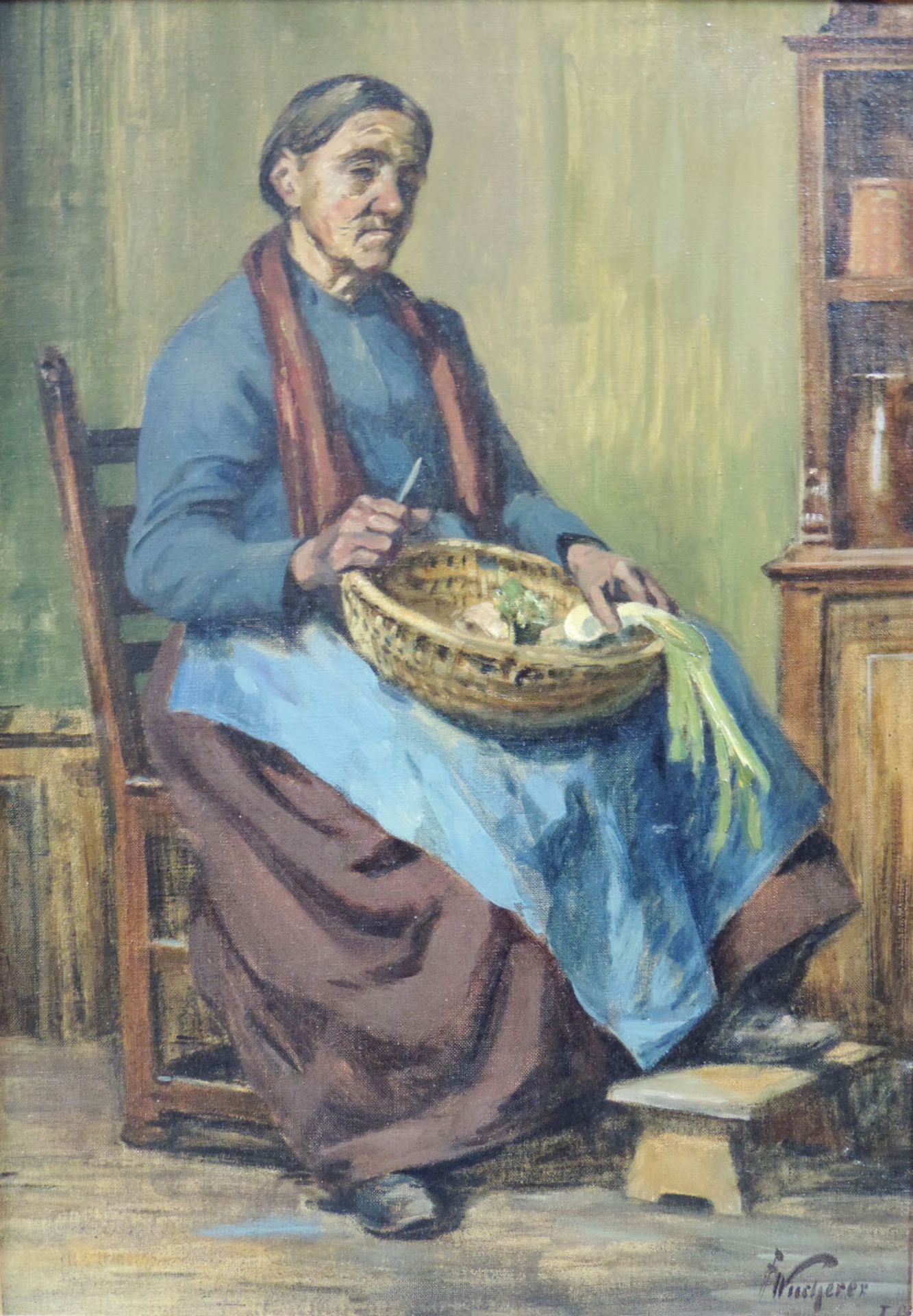 Fritz WUCHERER (1873 - 1948). Frau beim Gemüseputzen. Fritz WUCHERER (1873 - 1948),46,5 cm x 80