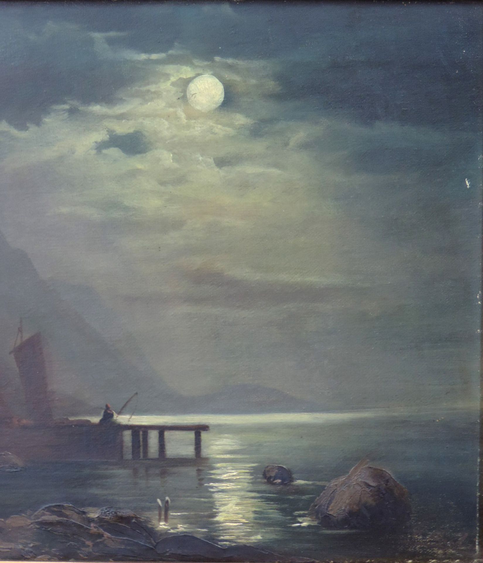 Carl BERTOLD (1870 -?). Nocturno. Mond über Bootsanleger am Waldhaus.30 cm x 43 cm. Gemälde, Öl - Image 4 of 7