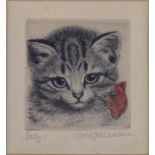 Meta PLÜCKEBAUM (1876 - 1945). Bild der Katze "Dolly".8 cm x 7,5 cm die Platte, 19 cm x 18 cm das