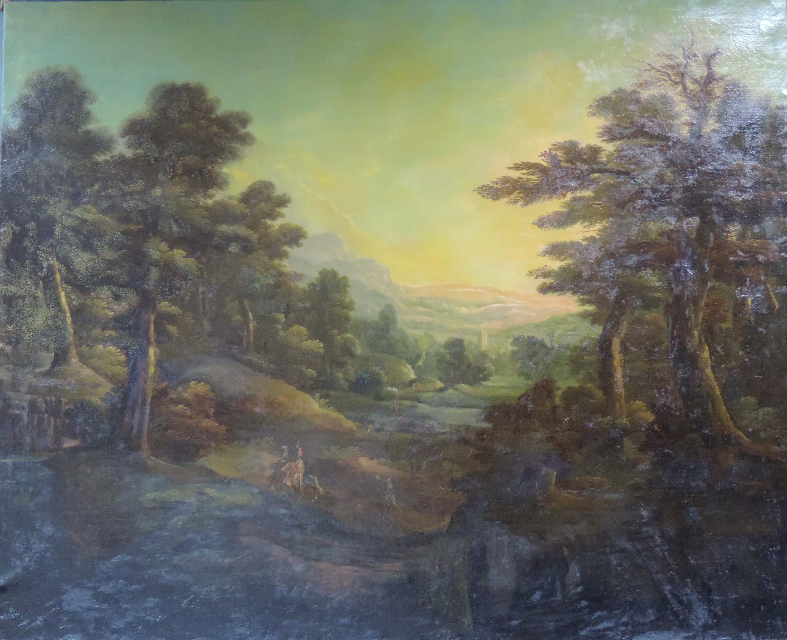 Romantische Schule (XVII - XVIII). Weite arkadische Landschaft im Abendlicht.130 cm x 160 cm.