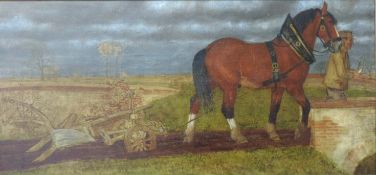 Fritz BOEHLE (1873 - 1916). Pflüger. Bauer mit Pferd.53 cm x 111 cm. Gemälde, Öl auf Leinwand.