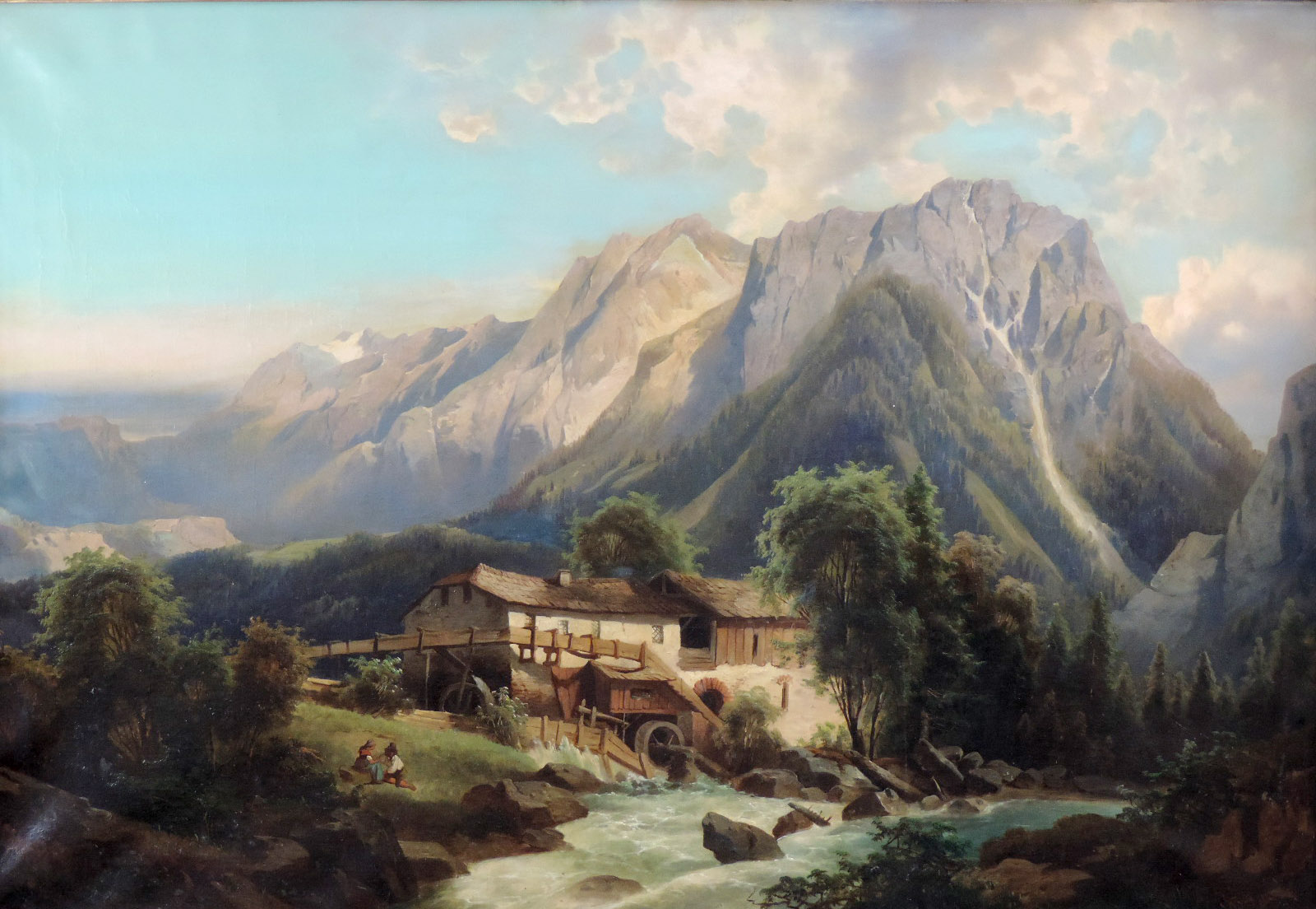 Josef THOMA (1828 - 1899). Mühle in den Alpen, 1862.90 cm x 133 cm. Gemälde, Öl auf Leinwand. Rechts