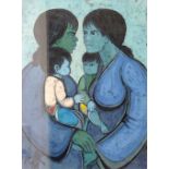 TENG Chuah Thean (1912 - 2008). Zwei Frauen mit Säuglingen.59 cm x 43 cm im Ausschnitt. Öl / Batik