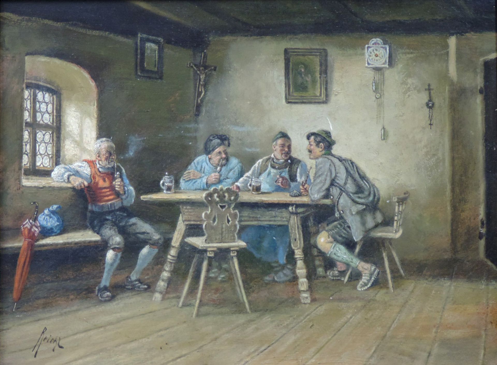 Alois REICHL (1864 - ?). Gasthofszene mit Pfeife rauchenden Männern.40 cm x 30,5 cm. Gemälde, wohl