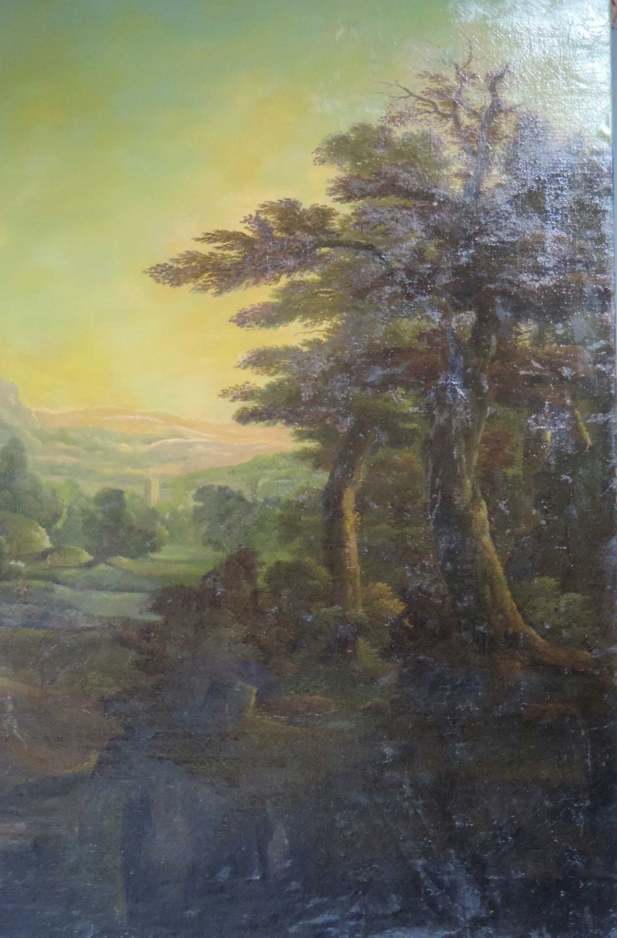 Romantische Schule (XVII - XVIII). Weite arkadische Landschaft im Abendlicht.130 cm x 160 cm. - Image 2 of 10