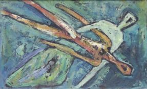 Arnold D'ALTRI (1904 - 1980). Komposition mit 2 Figuren.40 cm x 65 cm. Gemälde, Öl auf Tafel. Rechts