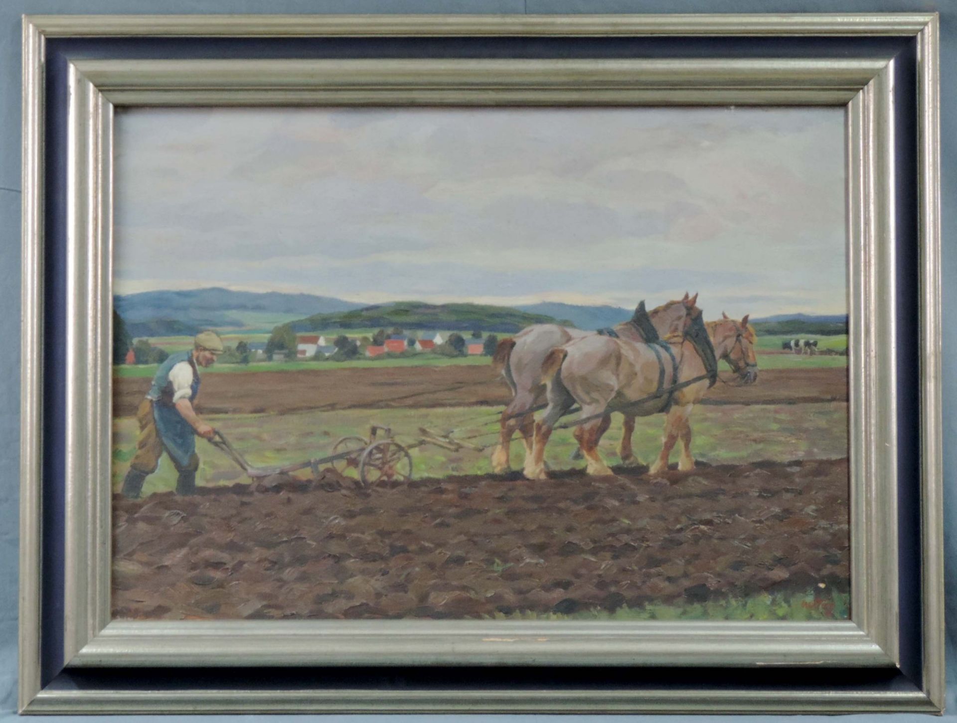 Willy TAG (1886 - 1980). Pflügender Bauer mit zwei Pferden.56 cm x 89 cm. Gemälde, Öl auf - Bild 2 aus 6