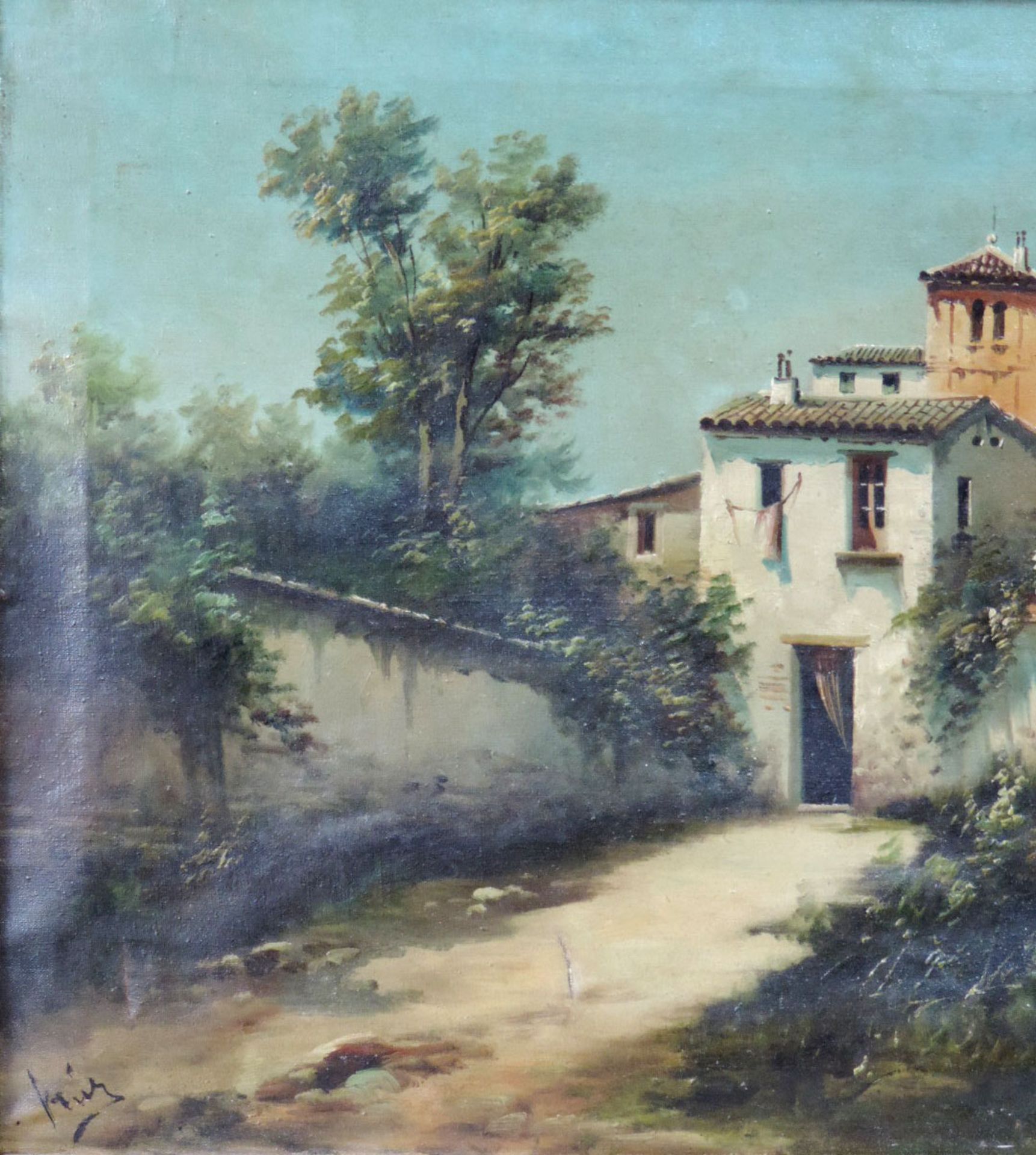 Italienische Schule (XIX). Landgut am Fluss.39 cm x 64 cm. Gemälde, Öl auf Leinwand. Beschädigt. - Image 7 of 9