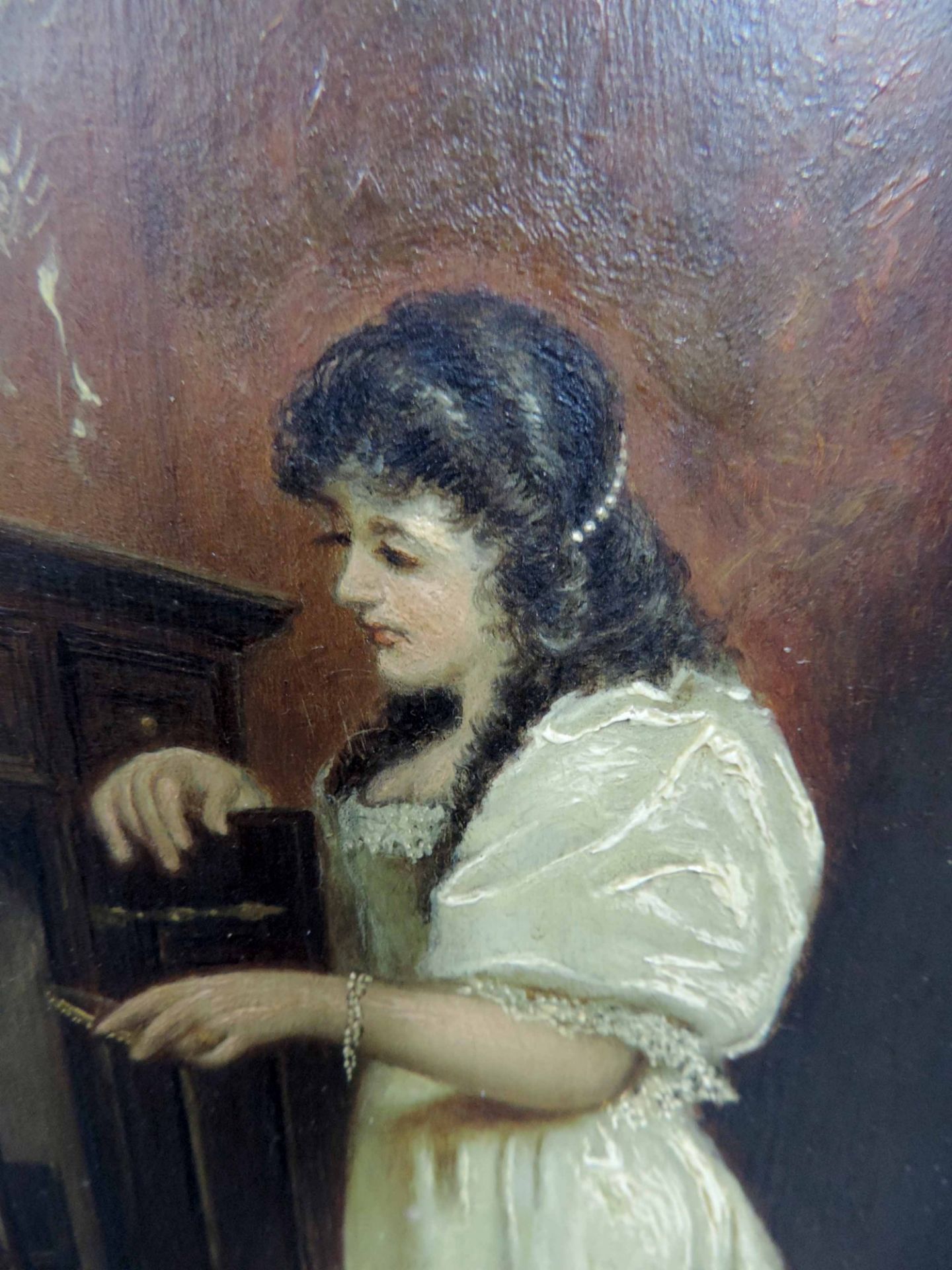 Unbekannt (XIX). Feine Dame, der Liebesbrief.30,5 cm x 22 cm. Gemälde, Öl auf Holz. Undeutlich - Bild 3 aus 7