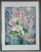 Marc CHAGALL (1887 - 1985). Blumenstrauß mit Liebespaar und Esel.72 cm x 63 cm das Blatt.