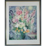 Marc CHAGALL (1887 - 1985). Blumenstrauß mit Liebespaar und Esel.72 cm x 63 cm das Blatt.